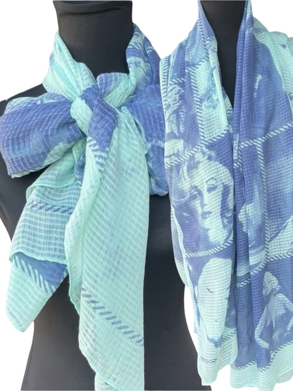 Marilyn Monroe Aqua/Blue Silk Screen Block Image Shawl Scarf (35”x70”)